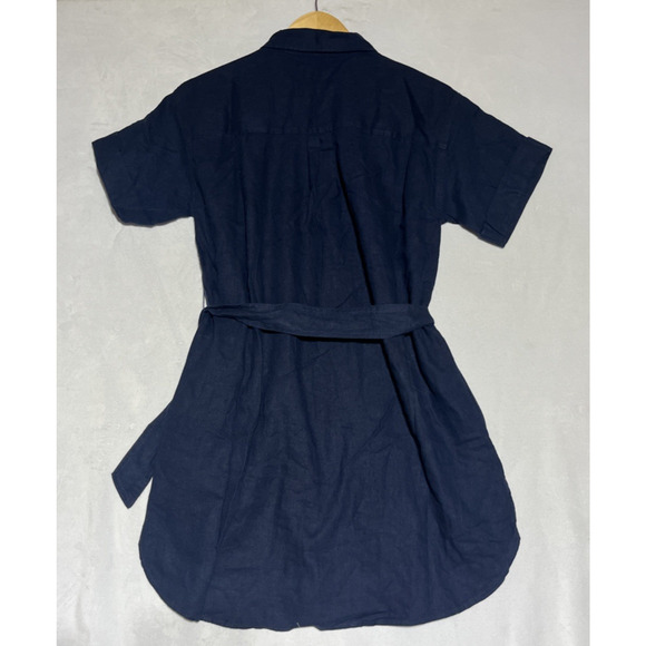 J Crew Belted Linen Blend Mini Shirtdress Medium Petite Navy Button Up Dress - Picture 2 of 9